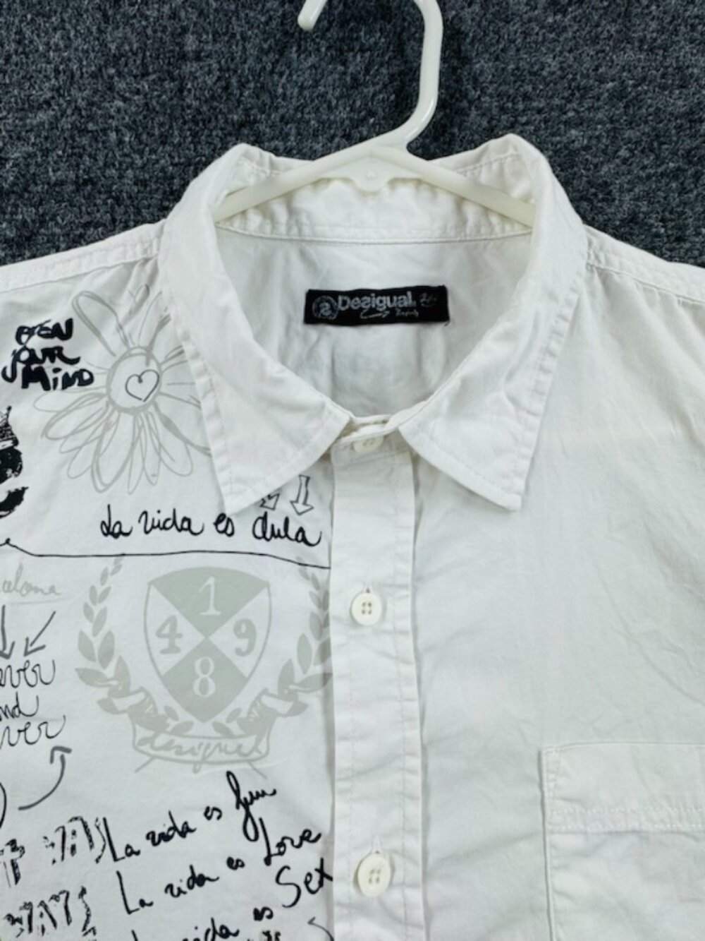 Desigual Logo 2XL White Graphic Men Long Sleeve Button Up Pocket Shirt Adult